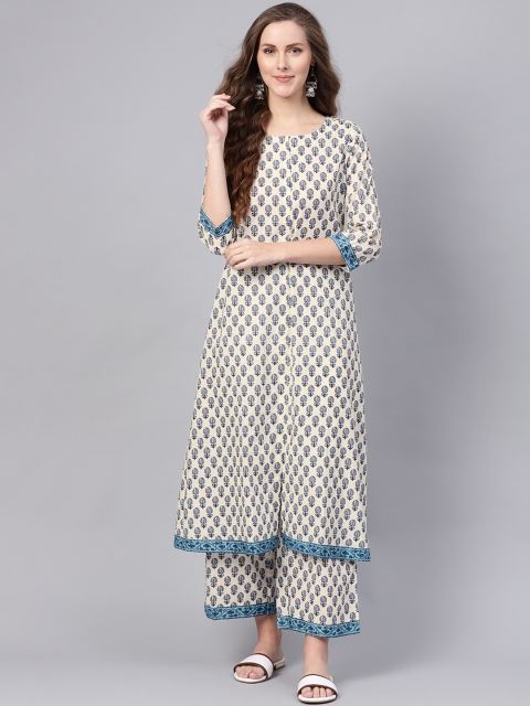 

Indo Era Women Off-White & Blue Printed A-Line Kurta with Palazzos