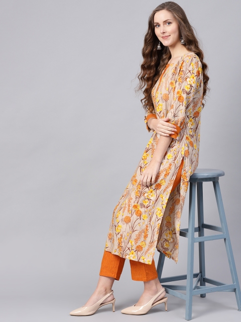 

Indo Era Women Beige & Orange Printed Kurta with Trousers