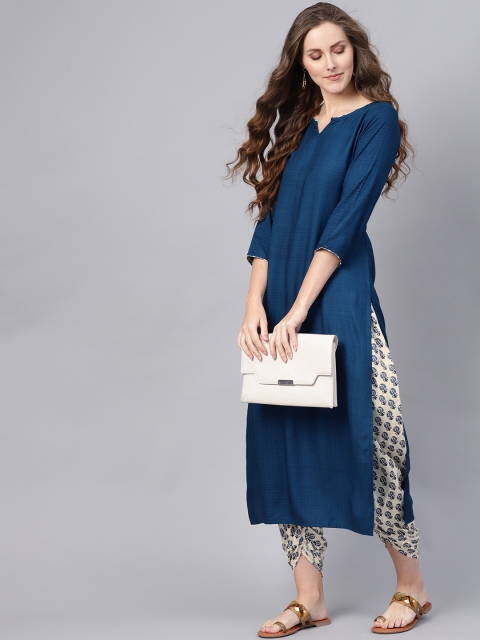 

Indo Era Women Blue & Off-White Printed Kurta with Dhoti Pants