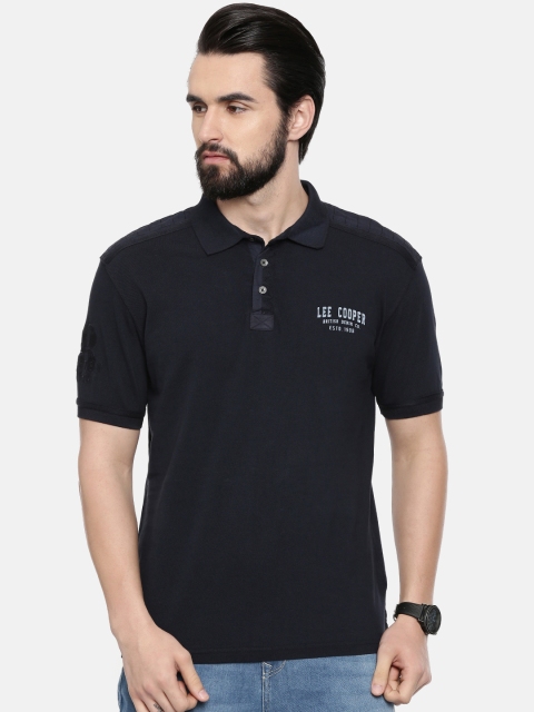 

Lee Cooper Men Navy Blue Self Design Polo Collar Pure Cotton T-shirt