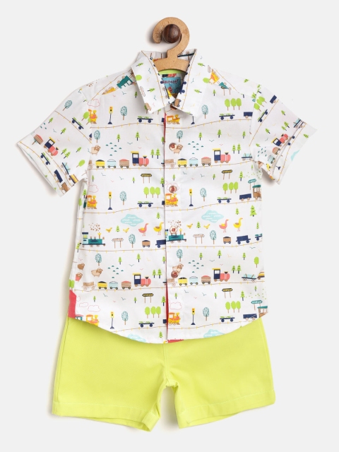 

Nauti Nati Boys White & Lime Green Printed Shirt with Shorts