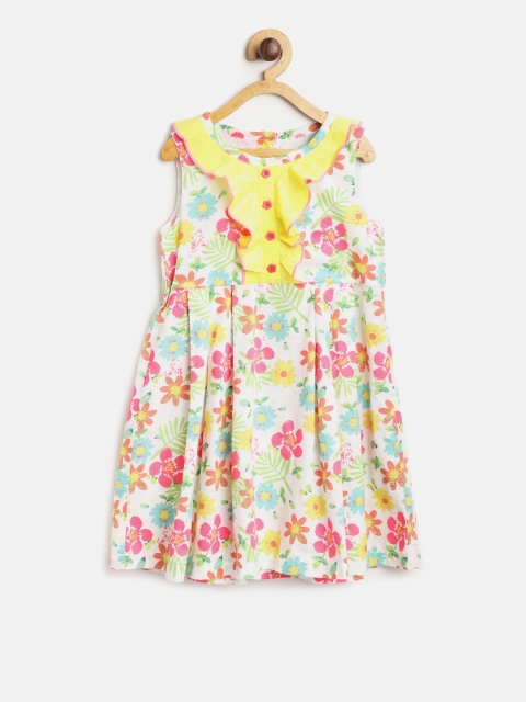 

Nauti Nati Girls White & Green Floral Print Fit and Flare Dress