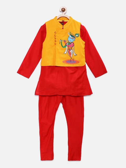 

Twisha Boys Red & Yellow Solid Kurta with Pyjamas & Waistcoat