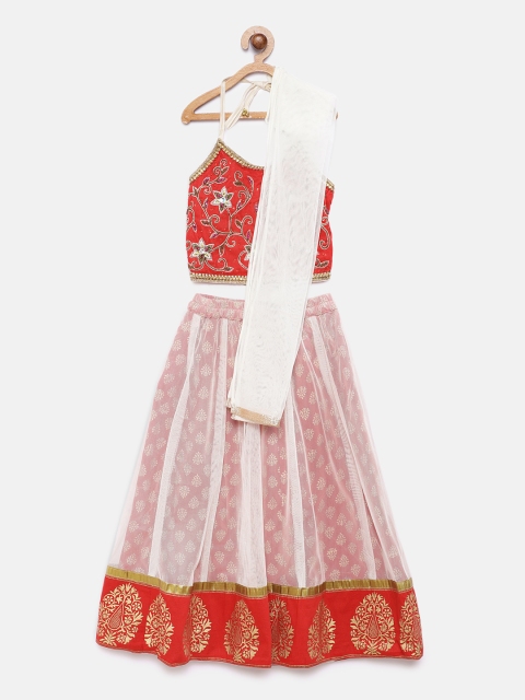 

Twisha Girls Red & White Printed Ready to Wear Pattu Pavadai with Dupatta