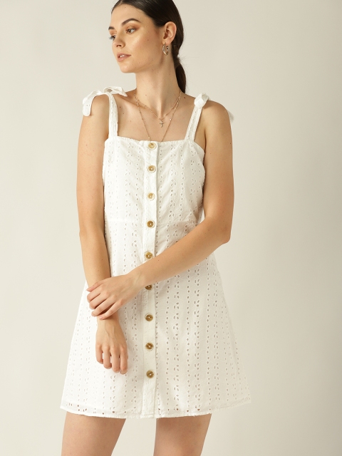 

MANGO Women White Schiffli Embroidered A-Line Dress