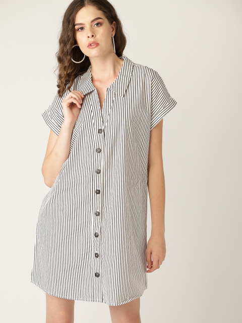 

MANGO Women White & Black Striped Shirt Dress