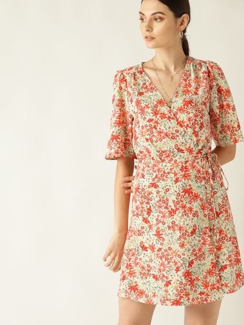 

MANGO Women Off-White & Red Floral Print Wrap Dress