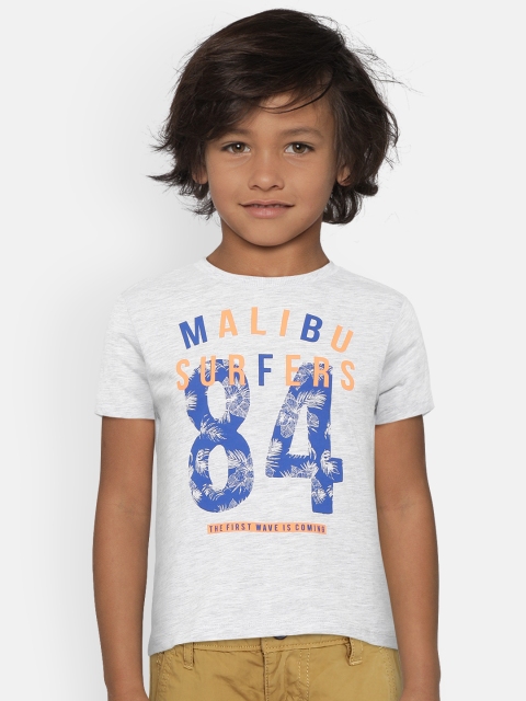 

Mango Kids Boys Grey Melange & Navy Blue Printed Round Neck T-shirt