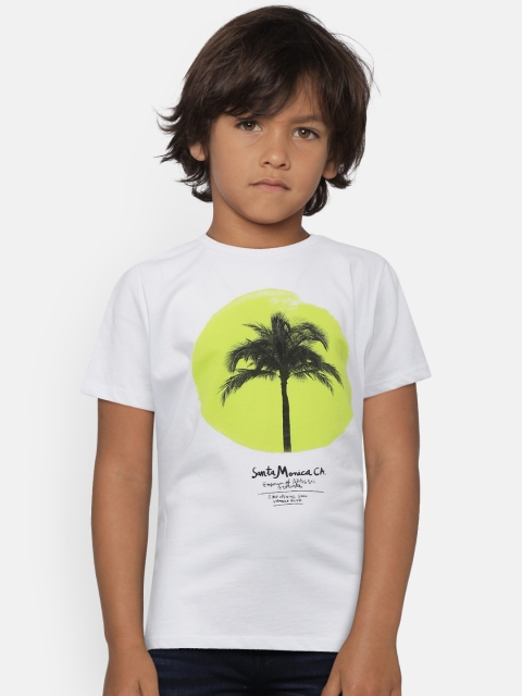 

Mango Kids Boys White & Lime Green Printed Round Neck T-shirt