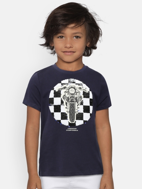 

Mango Kids Boys Navy Blue Printed Round Neck T-shirt with Mermaid Sequinned Detail
