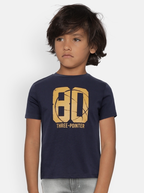 

Mango Kids Boys Navy Blue & Mustard Yellow Printed Round Neck T-shirt