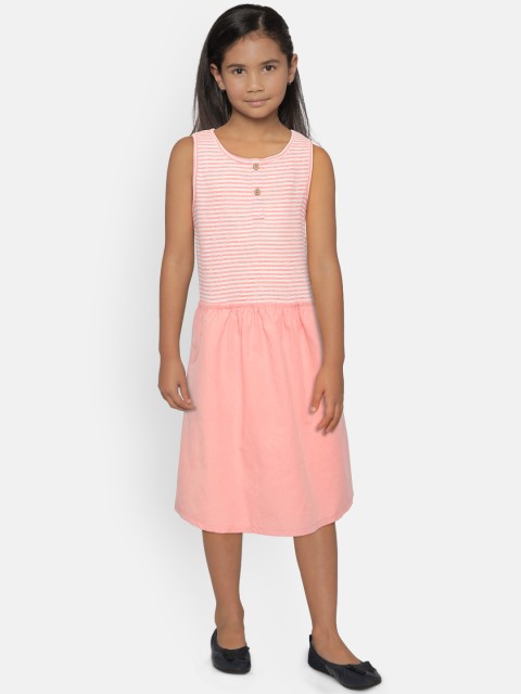 

Mango Kids Girls Peach-Coloured & White Striped Fit & Flare Dress