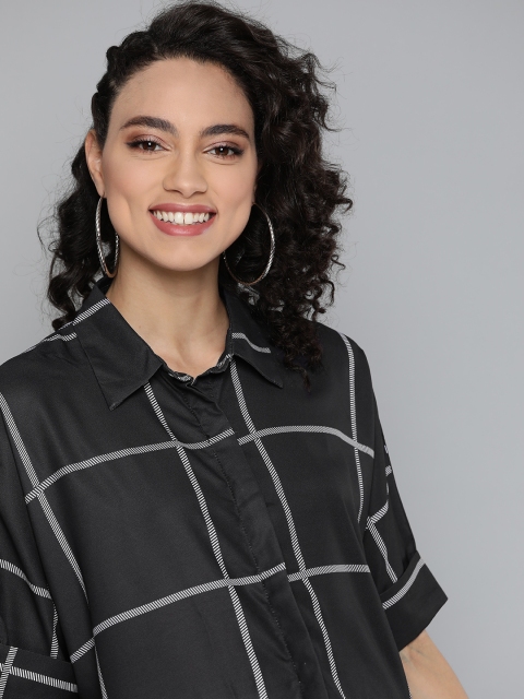 

HERE&NOW Women Black & White Boxy Checked Casual Shirt