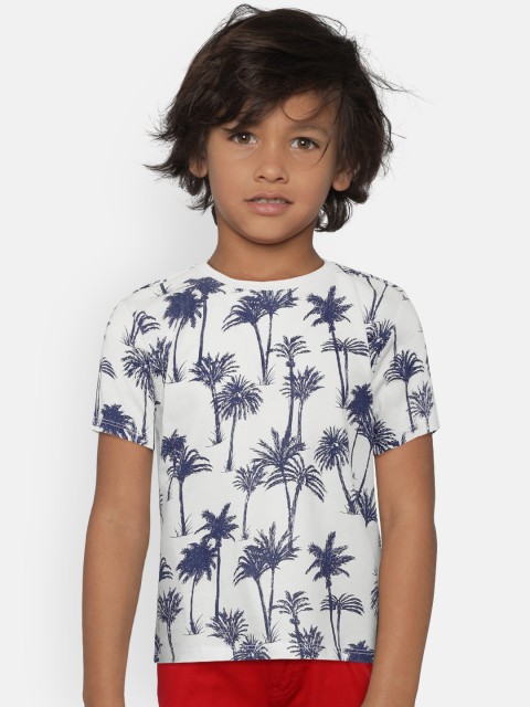 

Mango Kids Boys White & Navy Tropical Print Round Neck T-shirt