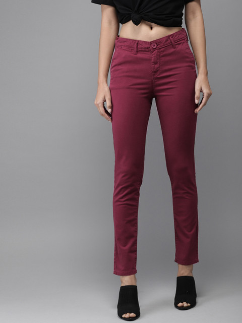 

Moda Rapido Women Burgundy Slim Fit Solid Casual Chinos