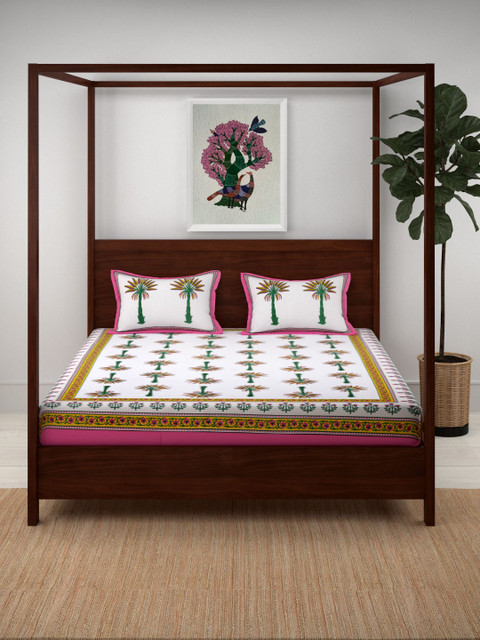 

Aura Off-White & Pink Ethnic Motifs 140 TC Cotton 1 King Bedsheet with 2 Pillow Covers