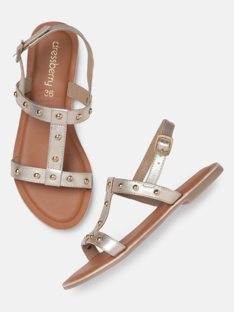 

DressBerry Women Gold-Toned Embellished Open Toe Flats