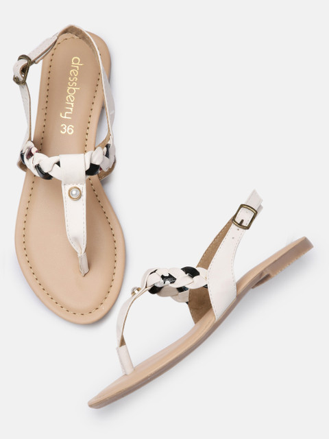 

DressBerry Women Off-White Solid T-Strap Flats