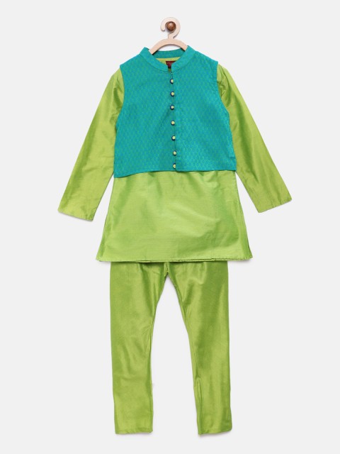 

Twisha Boys Green & Blue Solid Kurta with Pyjamas & Nehru Jacket