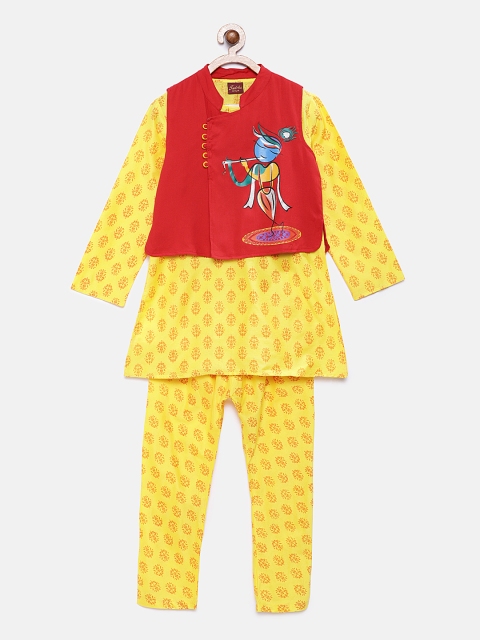 

Twisha Boys Yellow & Red Printed Kurta with Pyjamas & Nehru Jacket
