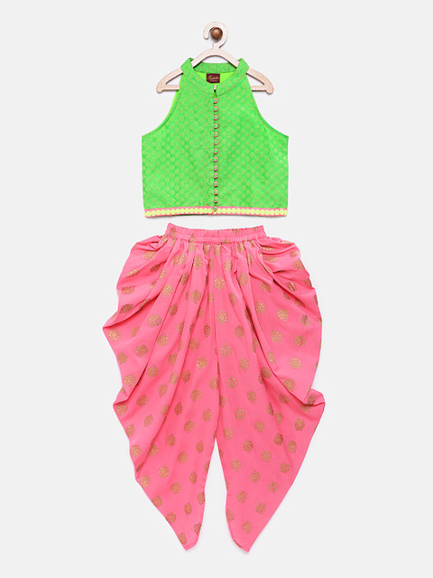 

Twisha Girls Green & Pink Jacquard Top with Dhoti Pants
