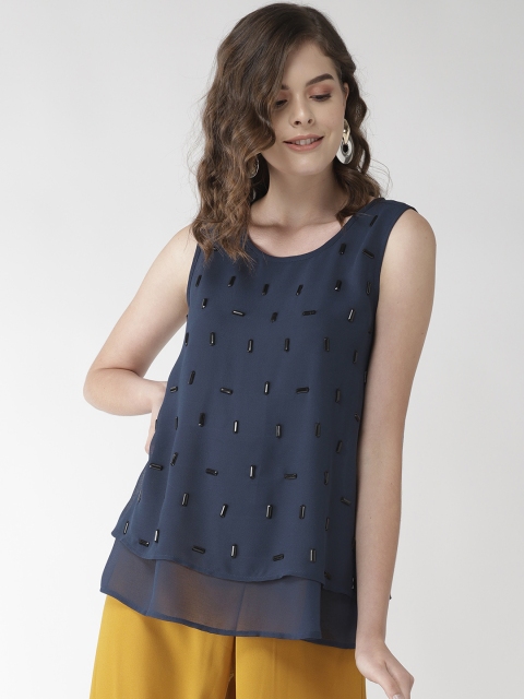 

QUIERO Women Navy Blue Embellished Layered A-Line Top