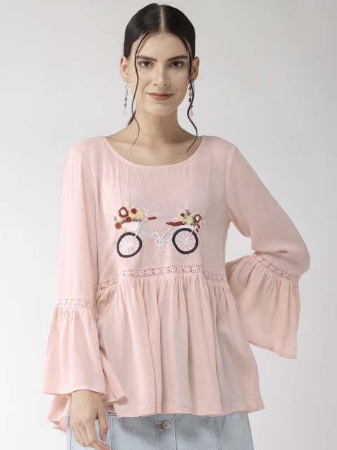 

QUIERO Women Pink Embroidered Detail A-Line Top