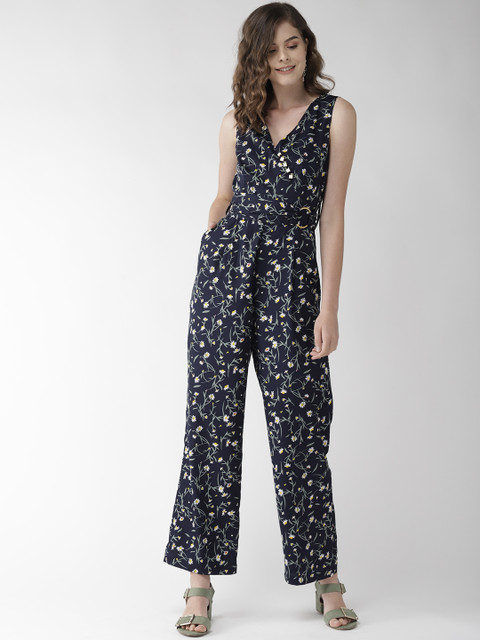 

QUIERO Women Navy Blue & White Floral Printed Wrap Jumpsuit