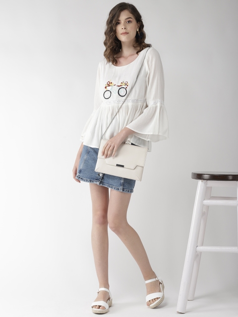

QUIERO Women White Embroidered Detail A-Line Top