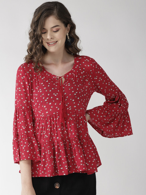 

QUIERO Women Red & White Printed Tiered Top