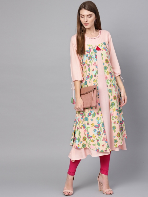 

Shree Women Peach-Coloured Floral Printed Layered A-Line Kurta