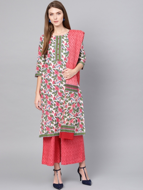 

Shree Women Off-White & Coral Pink Printed Kurta with Palazzos & Dupatta