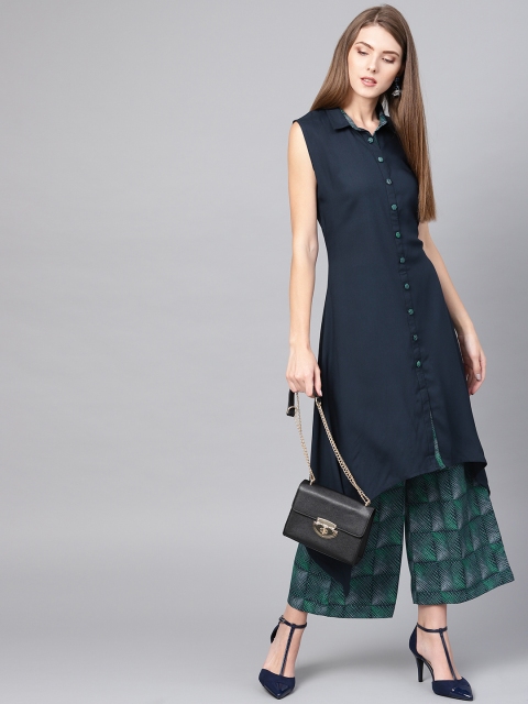 

Shree Women Navy Blue & Green Solid Kurta with Printed Palazzos