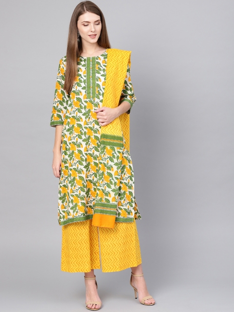 

Shree Women Off-White & Yellow Printed Kurta with Palazzos & Dupatta
