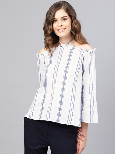 

Femella Women White & Blue Striped Bardot Top