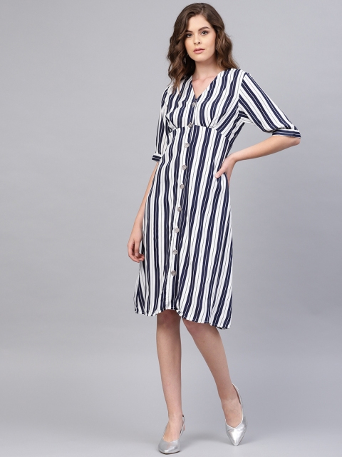 

Femella Women White & Navy Blue Striped Empire Dress