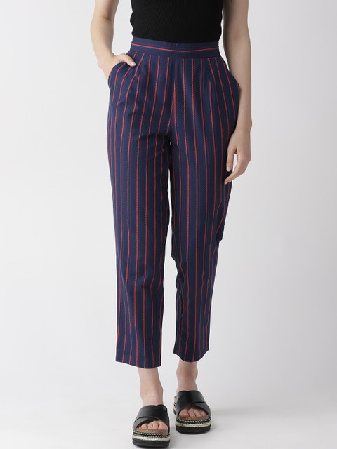 

MISH Women Navy Blue & Red Comfort Tapered Fit Striped Cropped Peg Trousers