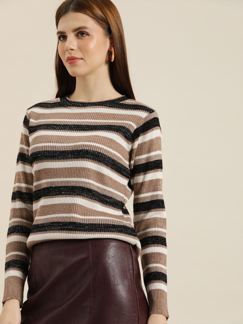 

all about you Women Brown Black Shimmer Striped Sweater