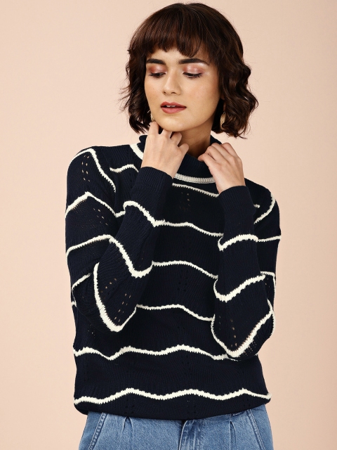 

all about you Women Navy Blue White Chevron Stripe Sweater