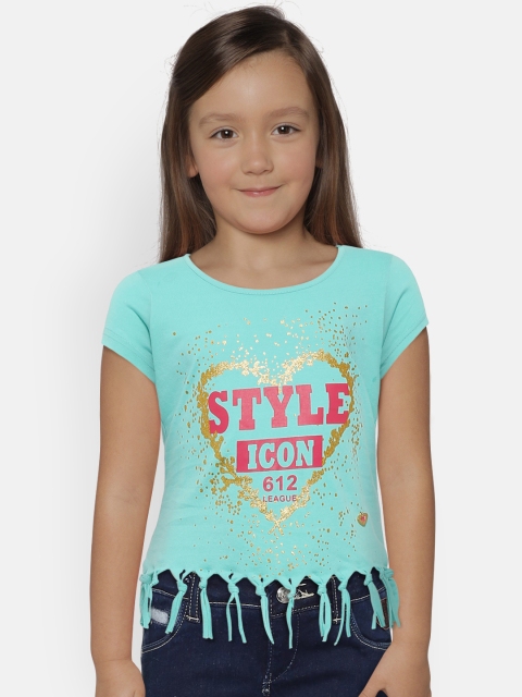 

612 league Girls Sea Green Printed Top with Fringes