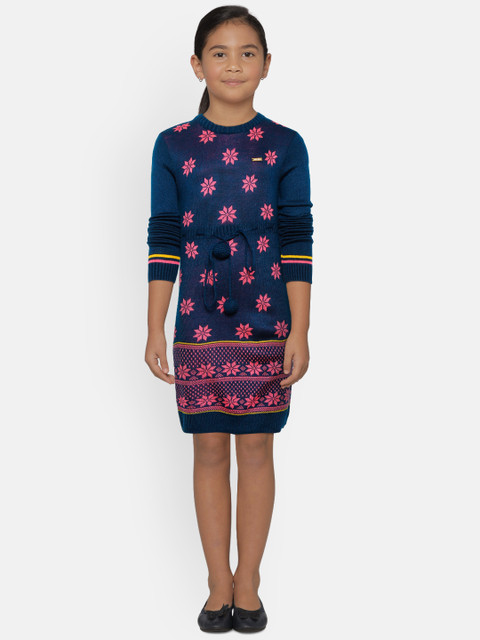 

612 league Girls Blue & Pink Self-Design Sweater Dress