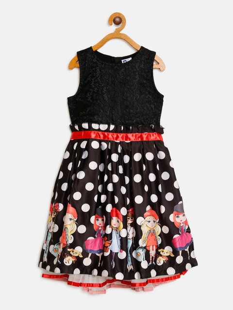 

612 league Girls Black & White Polka Dots Printed Fit & Flare Dress