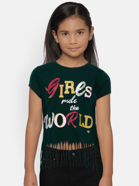 

612 league Girls Green Printed Fringed Pure Cotton Top