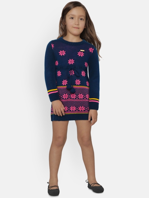 

612 league Girls Blue & Pink Self Design Sweater Dress