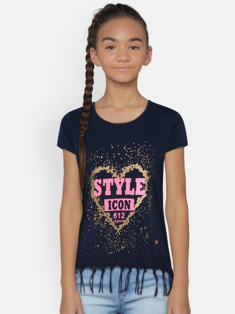 

612 league Girls Navy Blue Printed Top