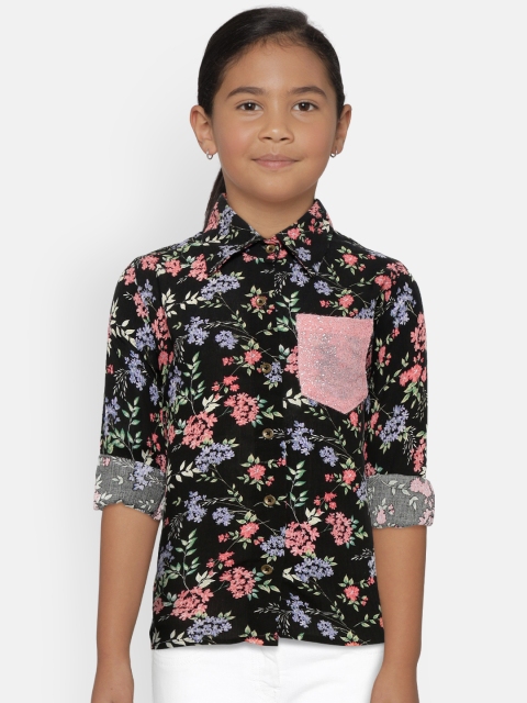 

612 league Girls Black & Coral Orange Floral Print Casual Shirt