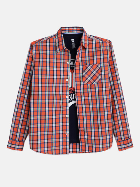 

612 league Boys Orange & Blue Regular Fit Checked Casual Shirt with Tshirt
