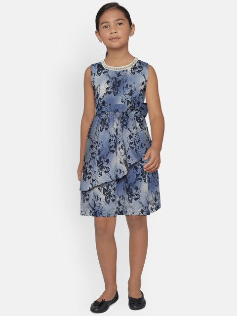 

612 league Girls Blue & Grey Floral Print Fit & Flare Dress
