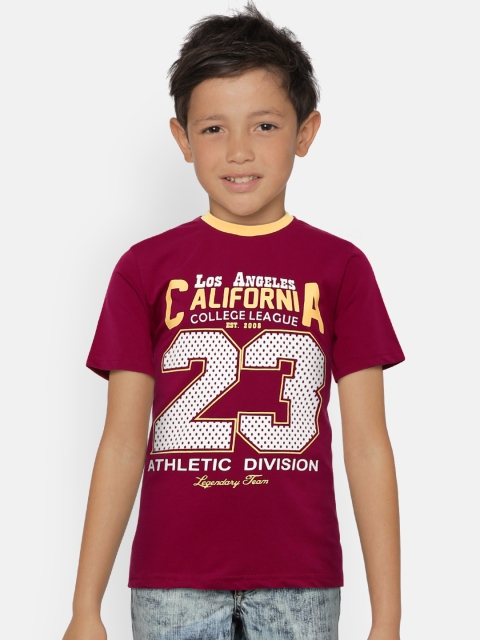 

612 league Boys Burgundy Printed Round Neck T-shirt