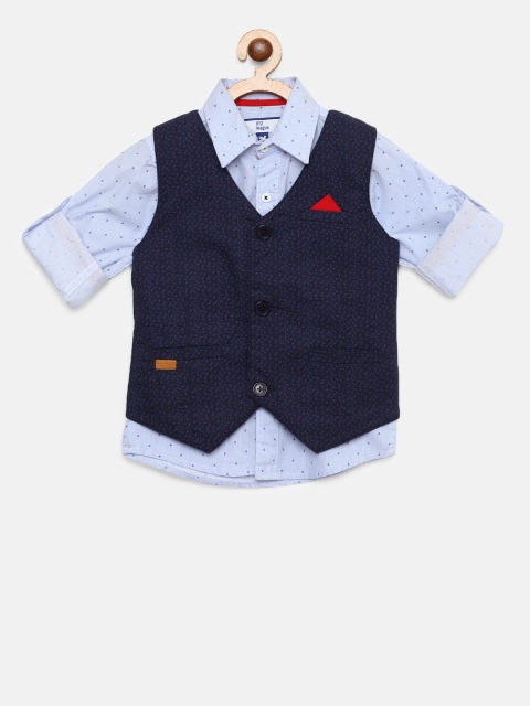 

612 league Boys Blue Regular Fit Striped Casual Shirt with Waistcoat